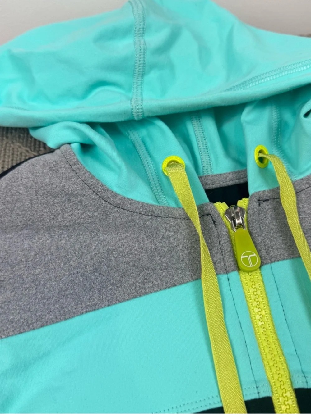 Trina Turk Recreation Teal, Black & Gray Colorblock Hoodie with Yellow Logo ~ S - Picture 2 of 12